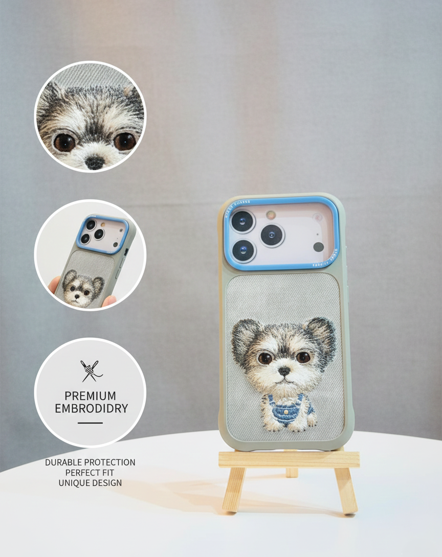 Cute Embroidery Dog Case | Soft Grip | Anti-Fingerprint & Shock Absorbent