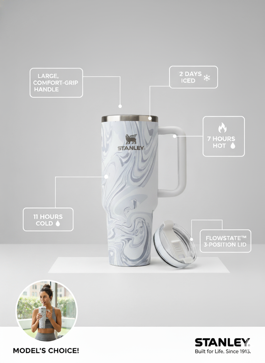 Stainless Steel Quencher Tumbler with Handle – Marble Design Travel Mug