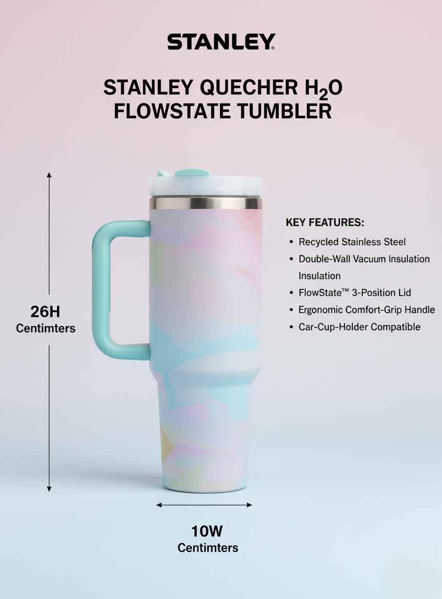 Stainless Steel Quencher Tumbler with Handle – Pastel Travel Mug for All-Day Hydration