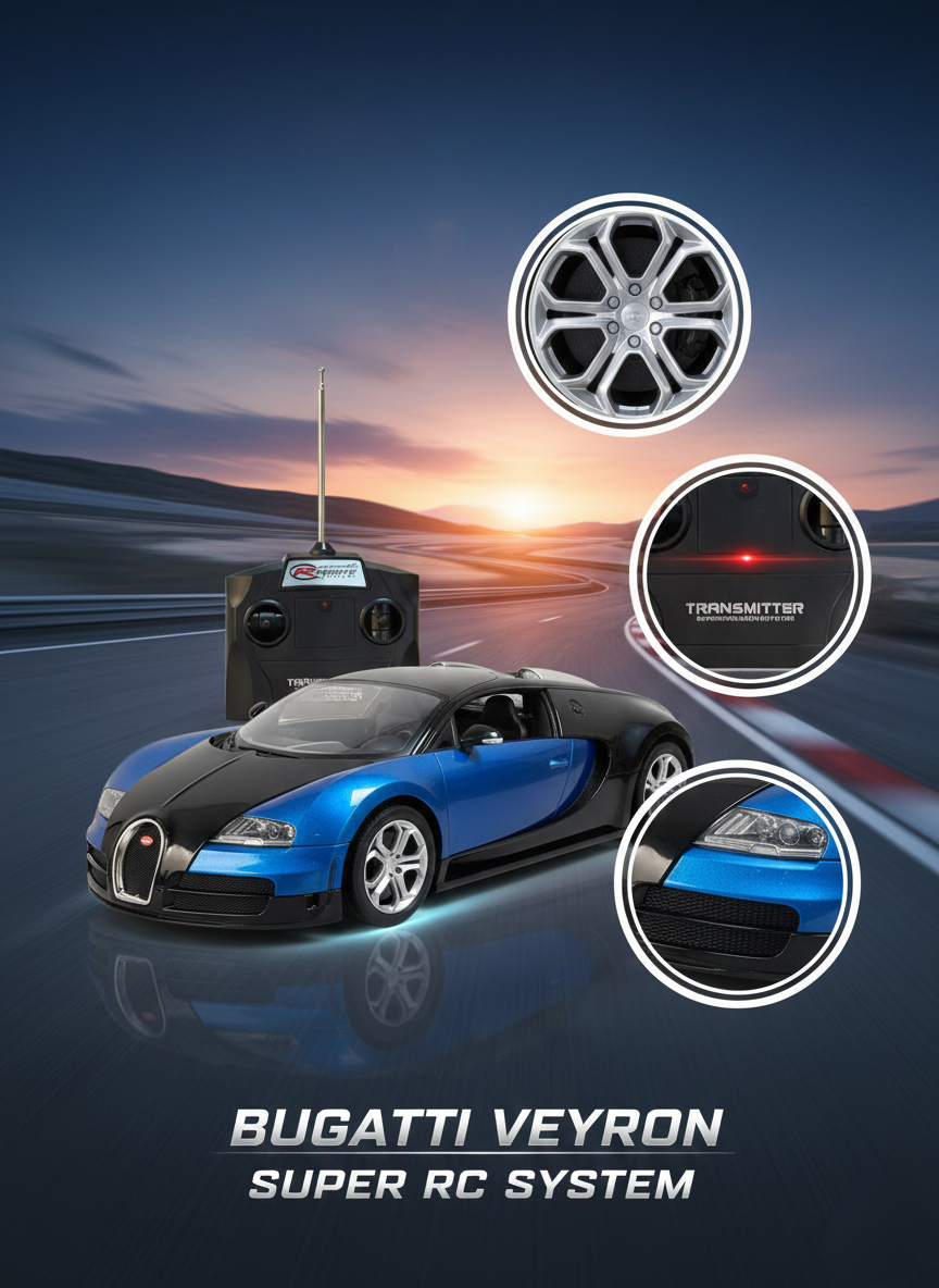 Luxury RC Toy Supercar – 1:14 Scale Bugatti Veyron Grand Vitesse with LED Headlights, 2.4GHz Remote, Realistic Design, Durable Build, Kids High-Speed Racing Car