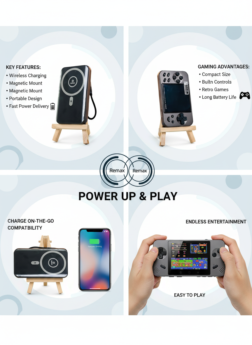 Remax Portable Gaming Console & MagSafe Power Bank – Play & Charge Anywhere