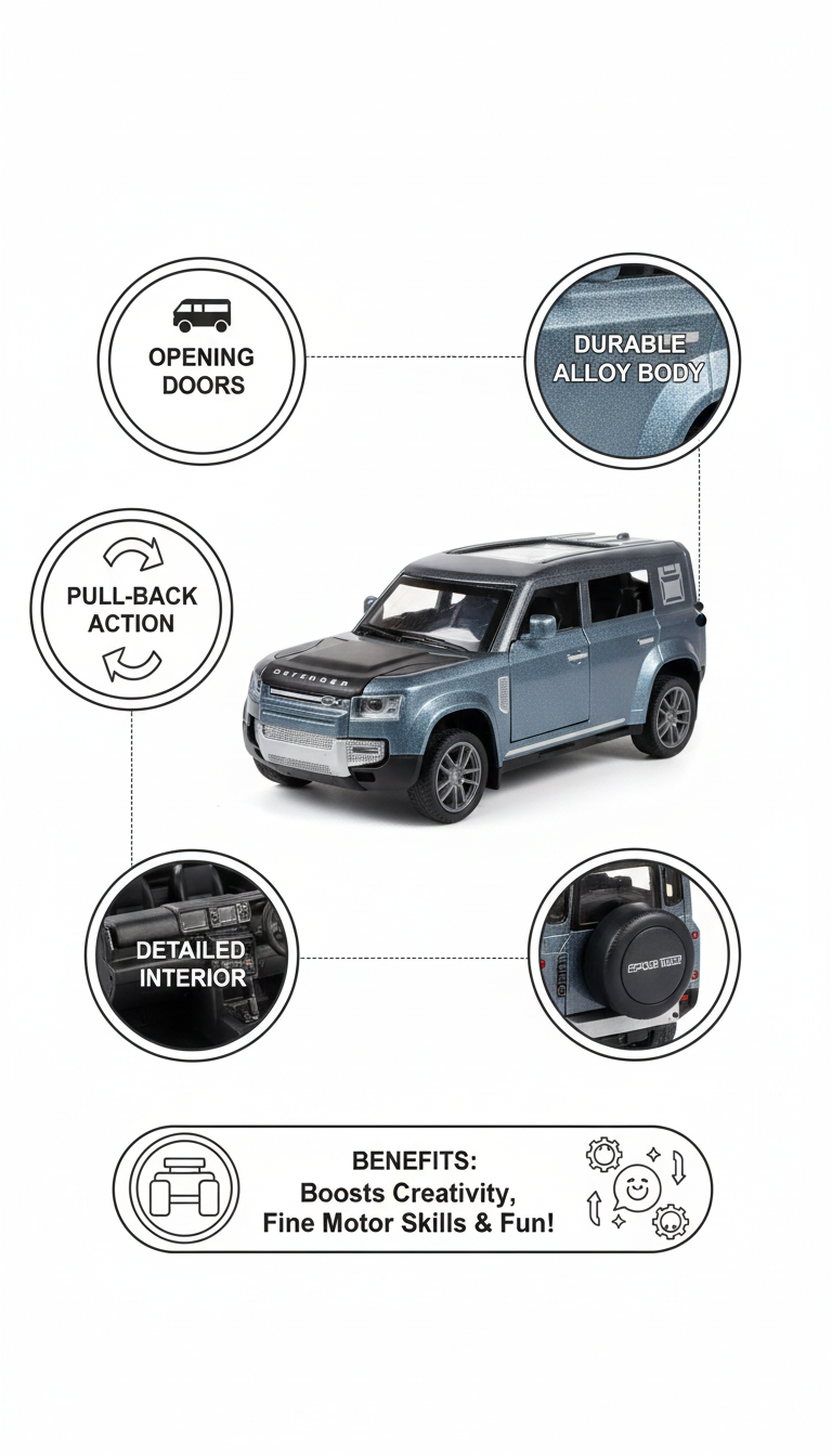 Land Rover Defender 4x4 Die-Cast Model | Realistic SUV Toy with Pull-Back Action & Openable Doors