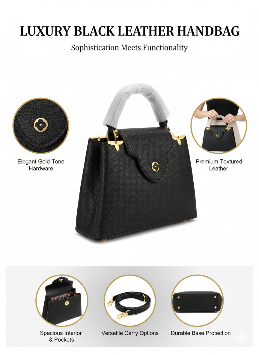 Structured Black Leather Satchel with Gold Hardware