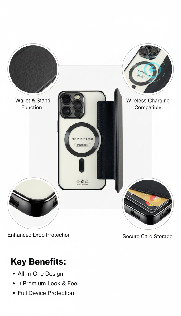 Premium MagSafe-Compatible Flip Wallet Leather Case with Lens Protection for iPhone Pro Max Series