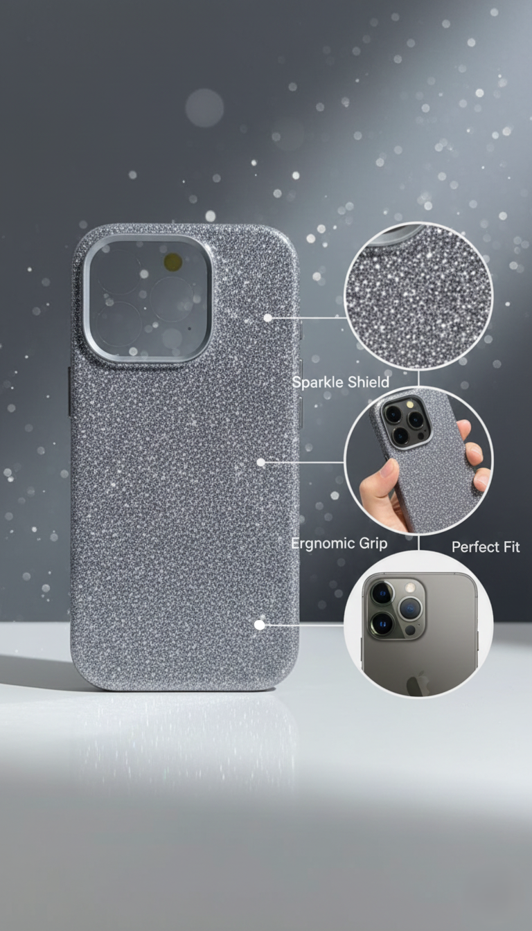 Premium Silver Glitter Slim Protective Phone Case with Camera Protection and Wireless Charging Support