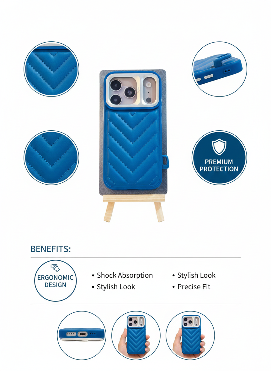 Premium Blue Leatherette Protective 17 pro Case with Camera Guard & Strap Loop – Compatible with iPhone