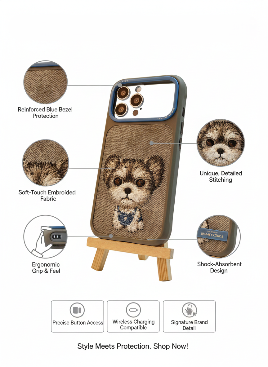 Cute Embroidered Puppy Dog iPhone 17 Pro Case - Soft Fabric, Slim Fit & Protective