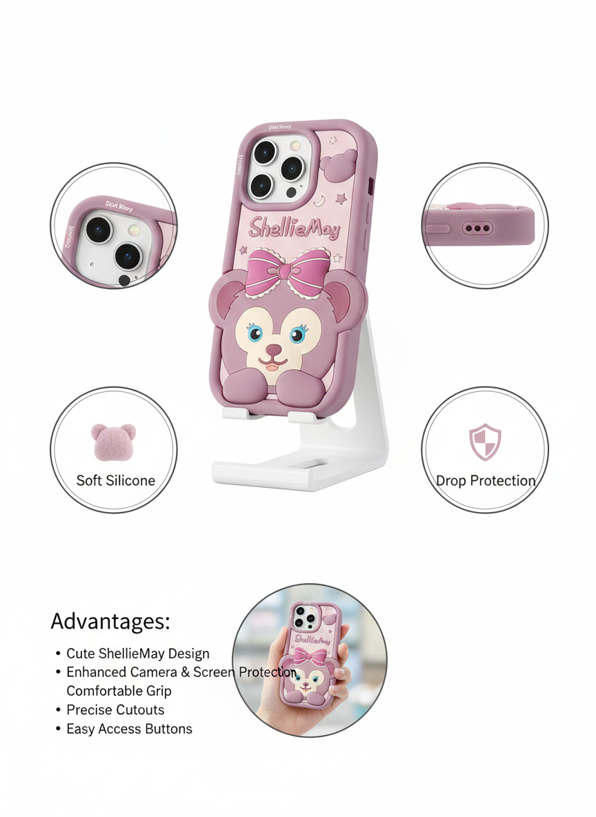 Cute Disney ShellieMay Bow Design Phone Cover for iPhone 13, 14, 15, 16 Pro - Enhanced Protection