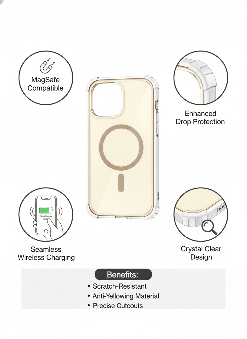Clear Magnetic Phone Case with MagSafe Compatibility, Transparent Anti-Yellowing Protection, Drop-Tested Slim Cover with Camera Guard and Responsive Buttons