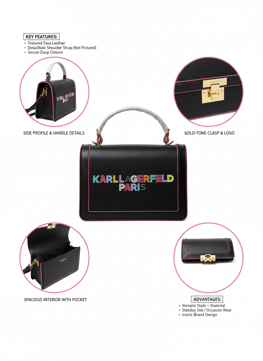 Structured Black KARL LAGERFELD PARIS Top Handle Bag | Vegan Leather | Elegant Gold Hardware