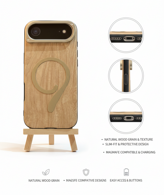 iPhone 17 Air Case with Natural Wood Back, MagSafe Grip/Stand, and Metal Protection Ring