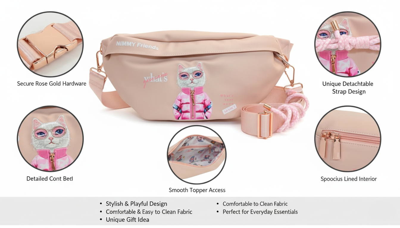 NIMMY Friends Kids Cat Design Waist Bag with Detachable Strap and Rose Gold Hardware