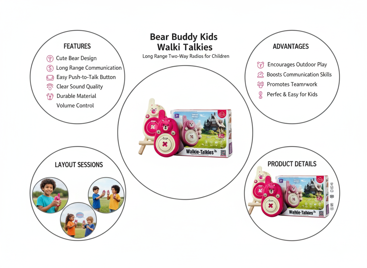 Bear Buddy Kids Walkie Talkies – Long Range, Clear Sound, Cute Bear Design