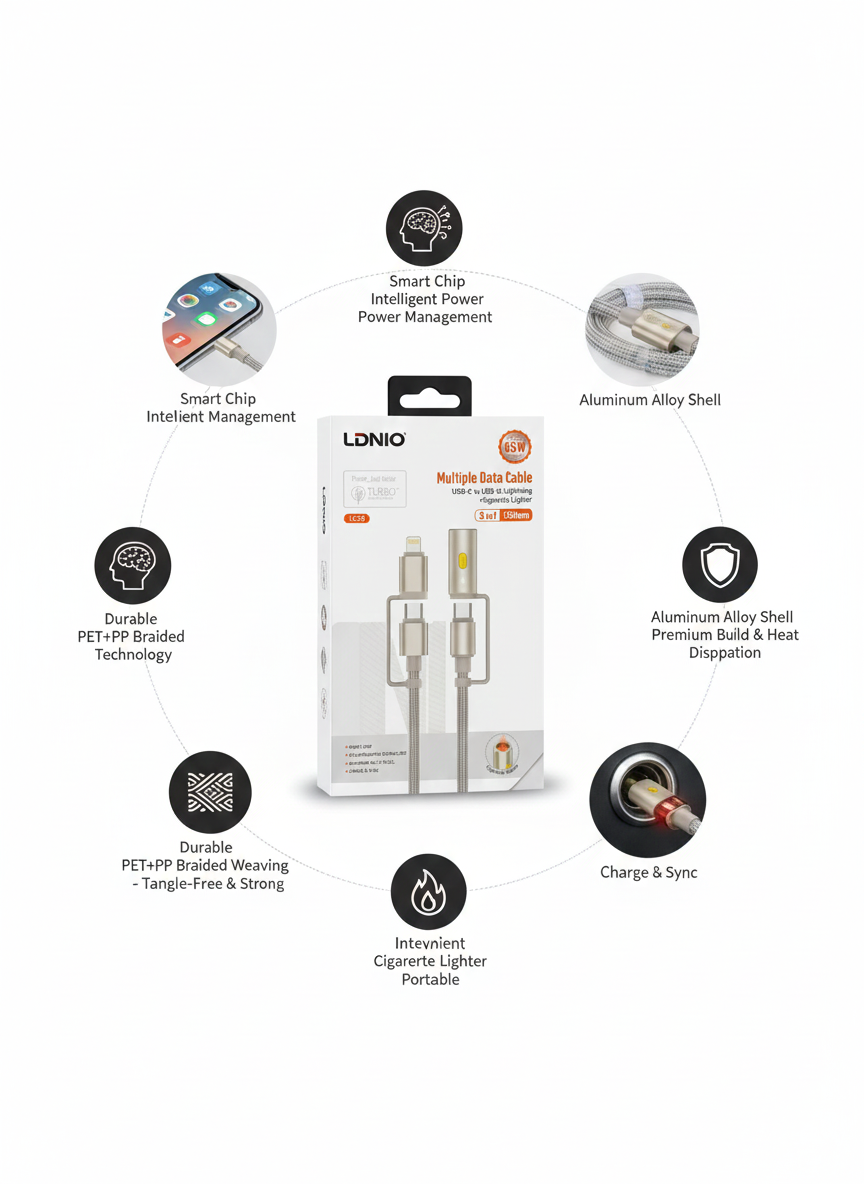 LDNIO Fast Charging Braided Cable 3-in-1 | 65W Power | Built-in Lighter | Durable PET+PP
