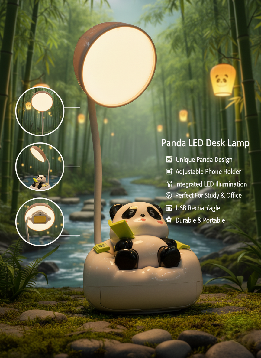 Cute Panda LED Desk Lamp with Phone Holder – Rechargeable Night Light for Study & Bedroom Decor