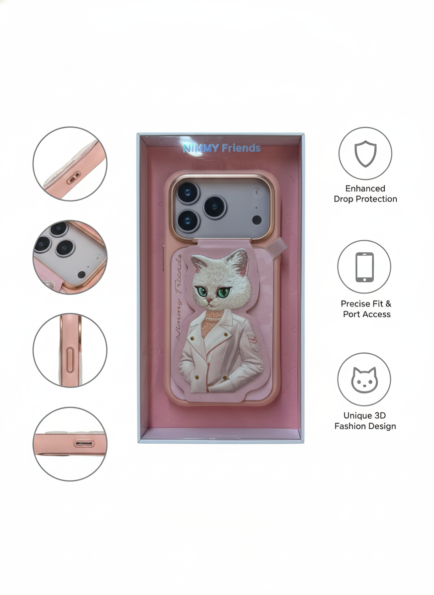 Chic NIMMY Friends Pink 3D Cat Phone Case for iPhone 17 Pro - Unique Character Design & Perfect Fit