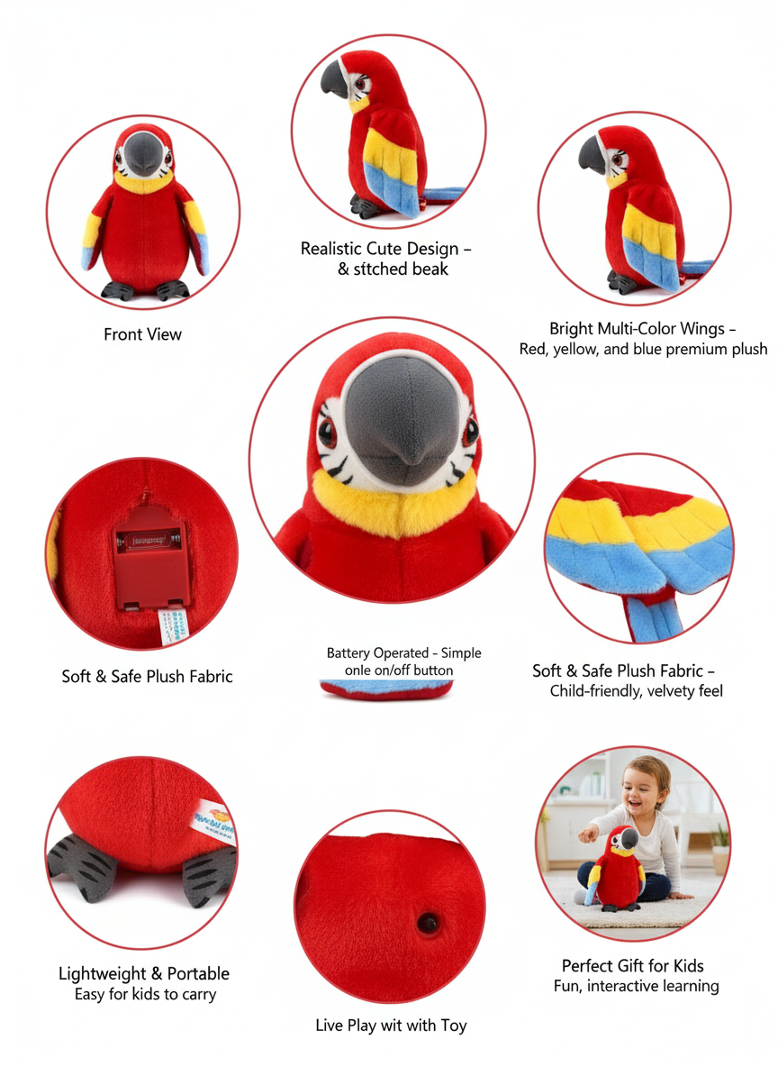 Talking Parrot Educational Plush – Colorful, Safe & Battery Operated