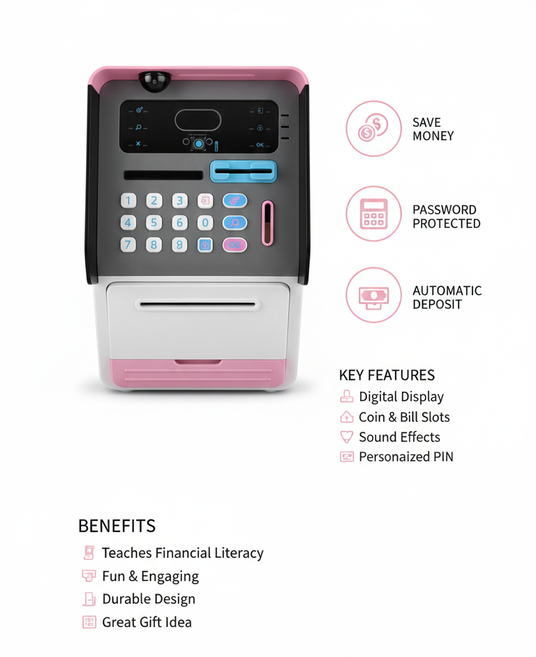 Smart Kids ATM Bank Toy with Password, Coin Slot & Cash Feed