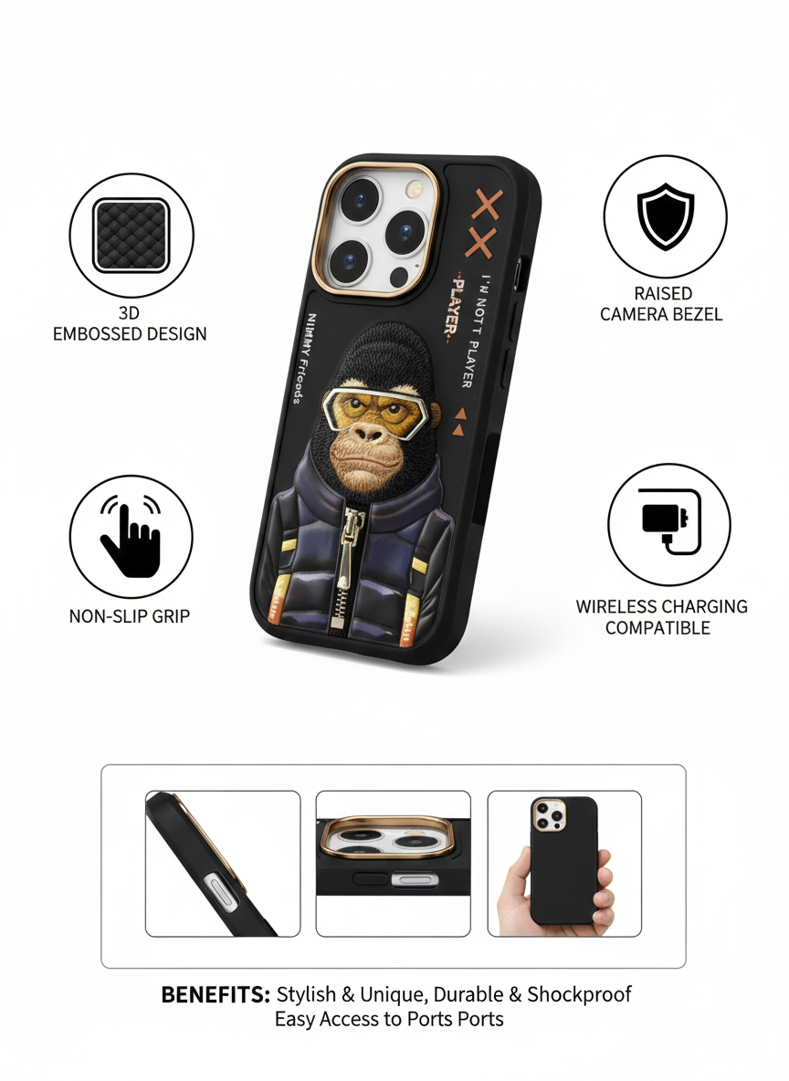 iPhone 16 Pro Shockproof Case with 3D Monkey Art | Anti-Slip & Camera Protection