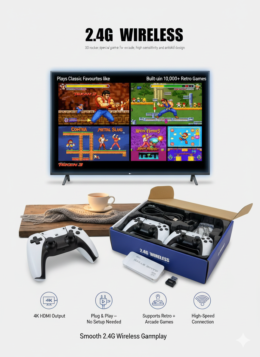 Retro 4K Wireless Game Console – Dual 2.4G Controllers | 10,000+ Games