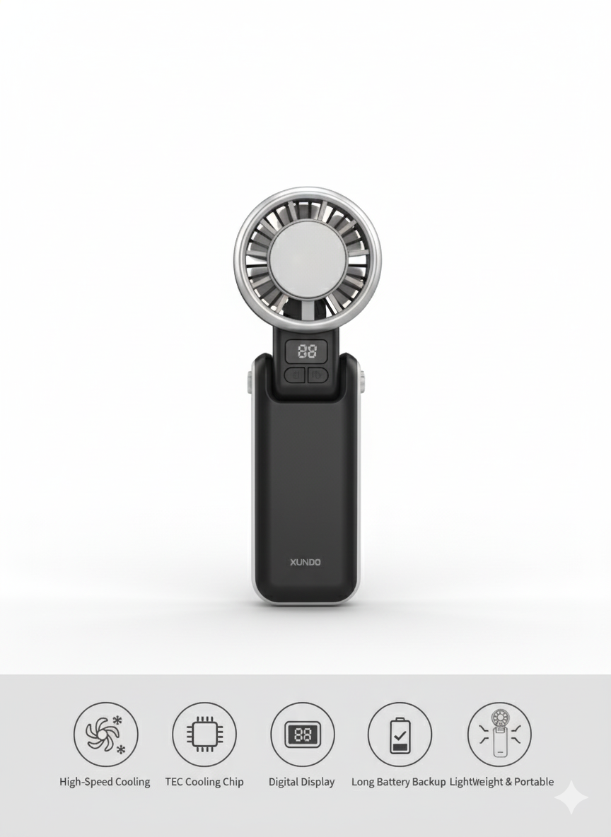 XUNDO High-Speed Handheld Fan with TEC Cooling Chip, Digital Display & USB Rechargeable Battery