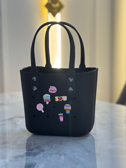coutomizeable black tote bag with cute pop charms