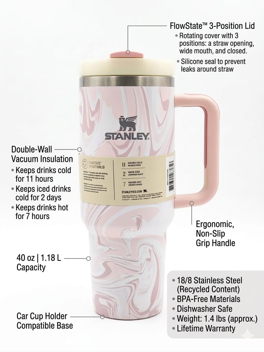 Stainless Steel Quencher Tumbler with Handle – Marble Design Travel Mug (Pink)