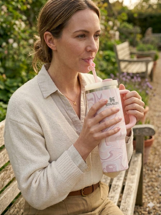 Stainless Steel Quencher Tumbler with Handle – Marble Design Travel Mug (Pink)