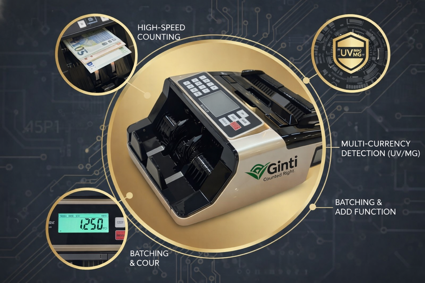 GINTI COUNTER Professional Automatic Currency Counting Machine with UV MG IR Counterfeit Detection and High Speed Cash Processing