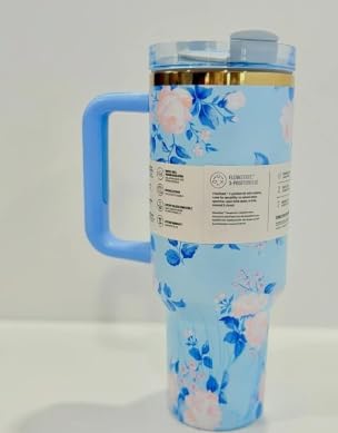 Floral Print Insulated Travel Tumbler, Blue Handle, Pink and Blue Flower Design Travel Tumbler