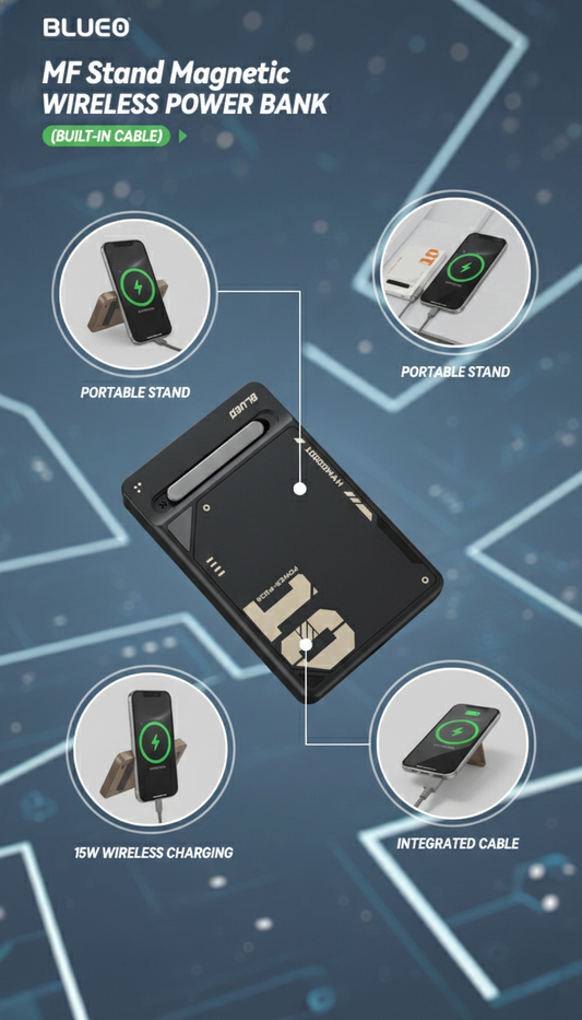 BLUEO MF Stand Magnetic Wireless Power Bank 10000mAh | 15W Wireless + 20W PD Fast Charging | Built-in Cable | Magnetic Attachment & Foldable Stand