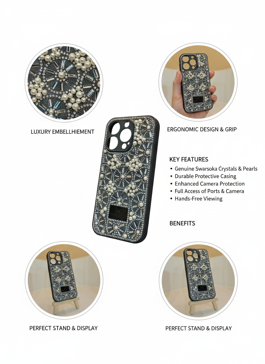 Luxury Crystal & Pearl Embellished Designer Phone Case with Ergonomic Grip and Protective Finish