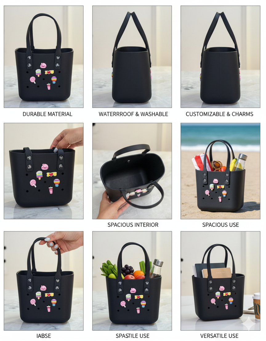 Black Rubber Tote Bag with Customizable Charms | Waterproof, Washable & Lightweight Handbag with Removable Handles