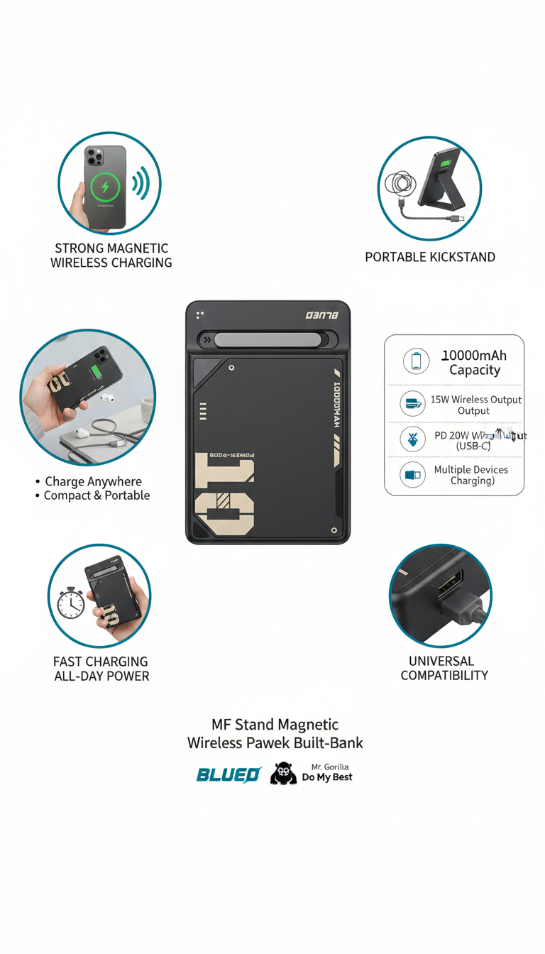 BLUEO MF Stand Magnetic Wireless Power Bank 10000mAh | 15W Wireless + 20W PD Fast Charging | Built-in Cable | Magnetic Attachment & Foldable Stand