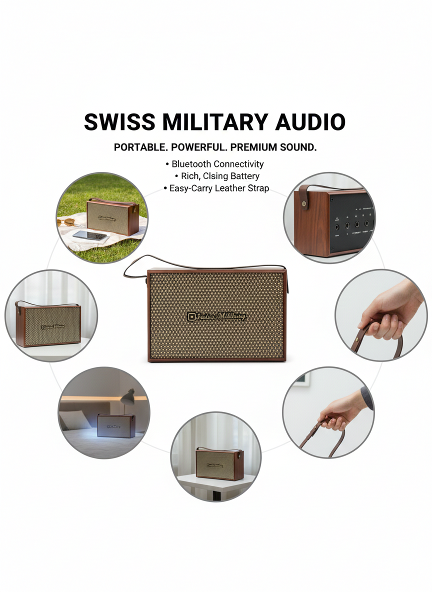 Swiss Military Premium Retro Wooden Bluetooth Speaker with Powerful Bass & Portable Leather Strap