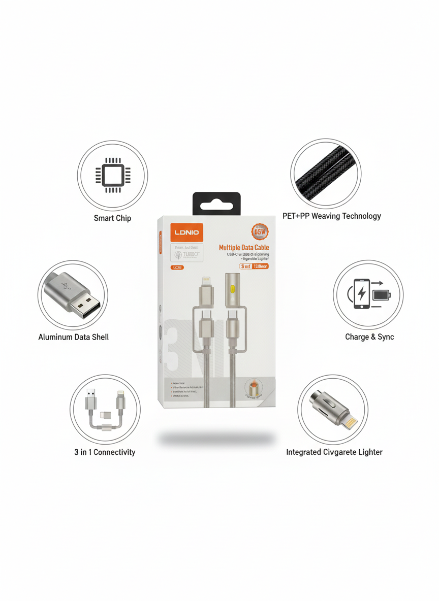 LDNIO Fast Charging Braided Cable 3-in-1 | 65W Power | Built-in Lighter | Durable PET+PP