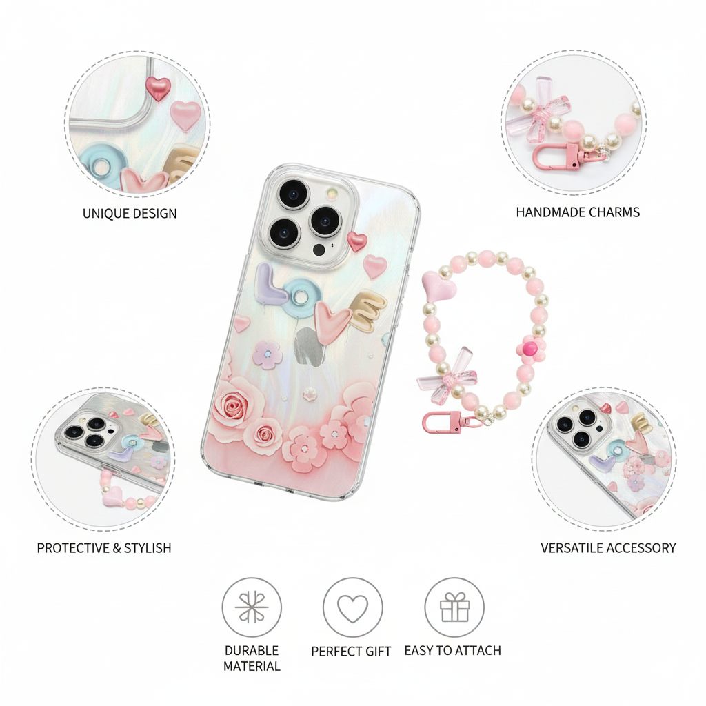 Elegant Transparent Phone Case with Handmade Charm Strap, Decorative Pastel Design, Durable Protective Clear Cover for Stylish Everyday Use