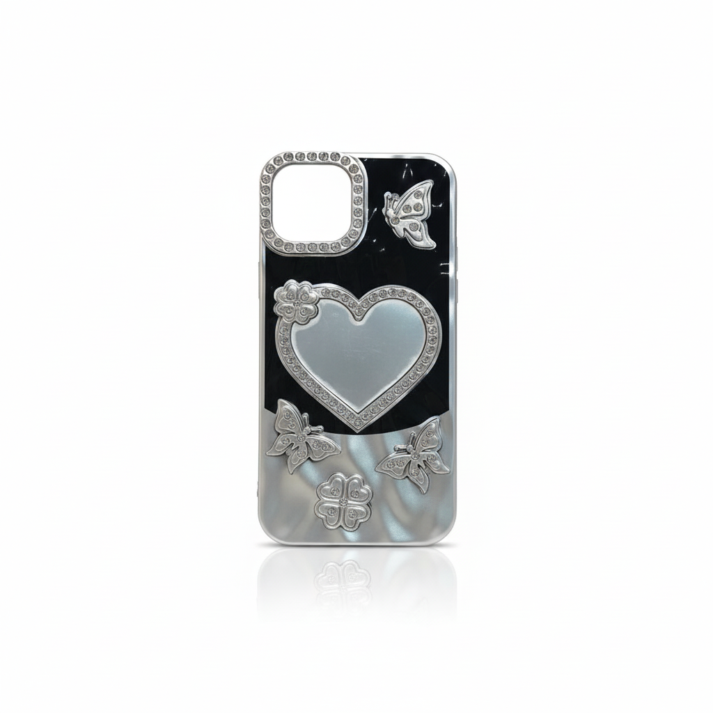 Elegant Crystal Framed Heart and Butterfly Design iPhone Case Luxury Rhinestone Embellished Slim Protective Smartphone Cover