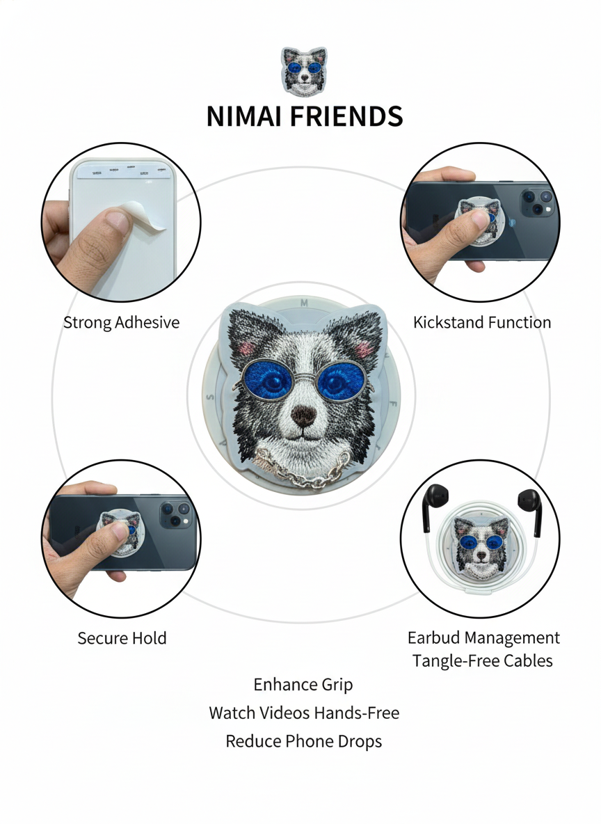 Trendy Blue-Glasses Dog PopSocket Phone Grip Holder, Cute 3D Animal Design Mobile Stand for Secure Grip, Comfortable Handling and Stylish Everyday Smartphone Use