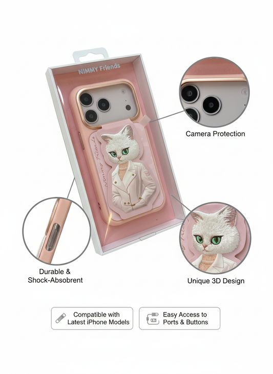 Chic NIMMY Friends Pink 3D Cat Phone Case for iPhone 17 Pro - Unique Character Design & Perfect Fit