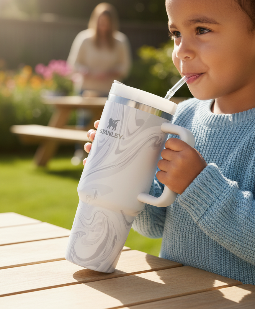 Stainless Steel Quencher Tumbler with Handle – Marble Design Travel Mug