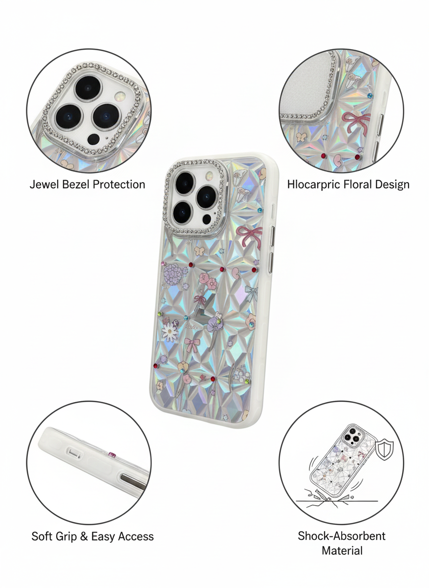 Elegant Iridescent Floral Armor Case – Premium Protection for iPhone 16 Series
