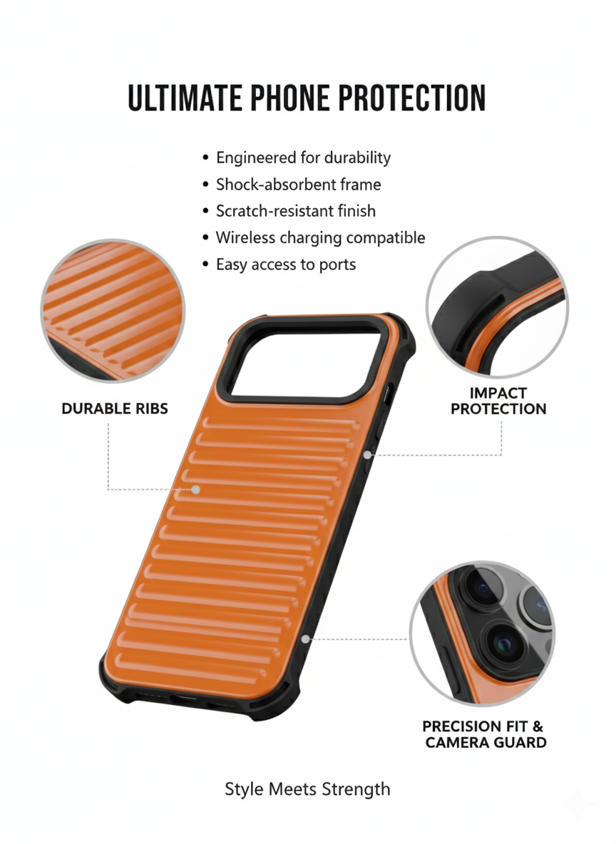 Rugged Shockproof Protective Smartphone 17 Pro Max Case with Enhanced Grip Ribs, Raised Screen and Camera Bezels, and Precision Cut-Outs for Everyday Impact Protection