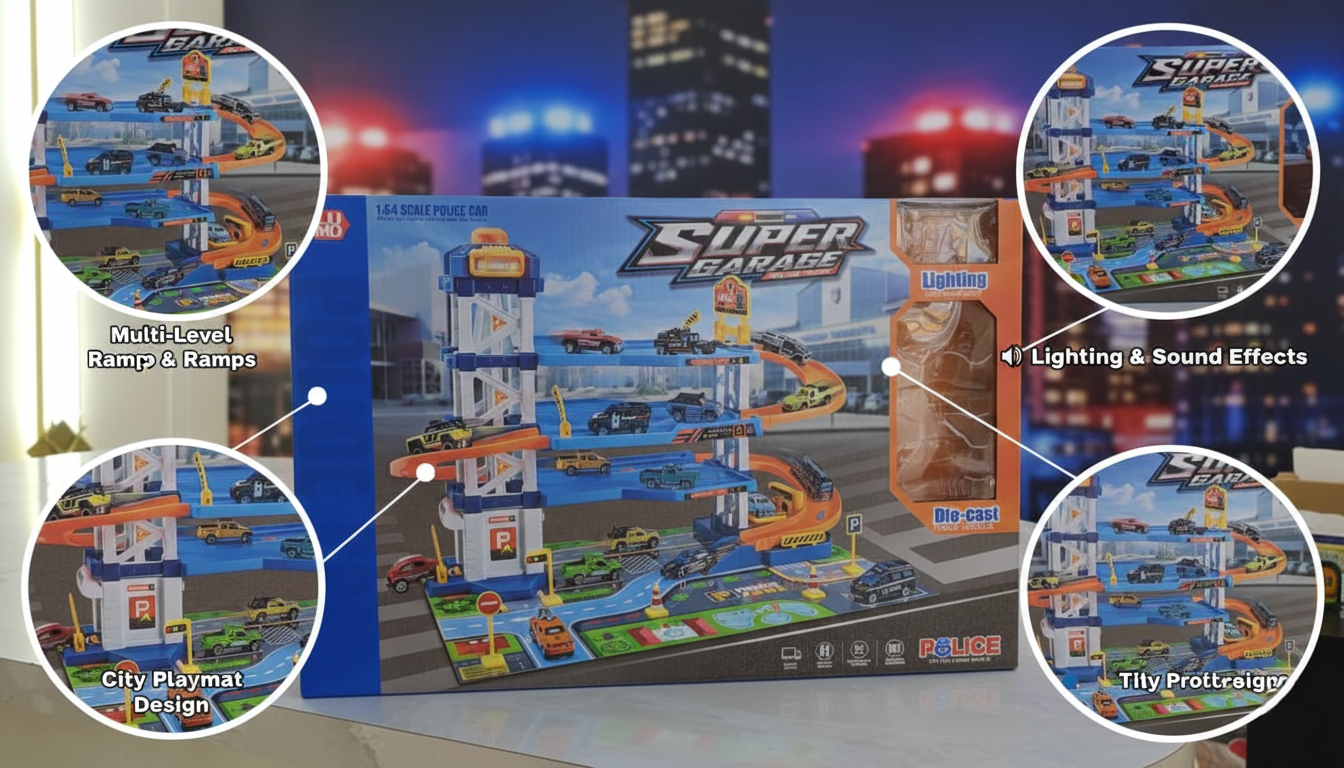 Super Garage Police Track Playset with Multi-Level Ramps, Die-Cast Vehicles, City Playmat, Light & Sound Effects, Easy Assembly, Imaginative Play, Educational Toy Gift for Kids Ages 3 and Above