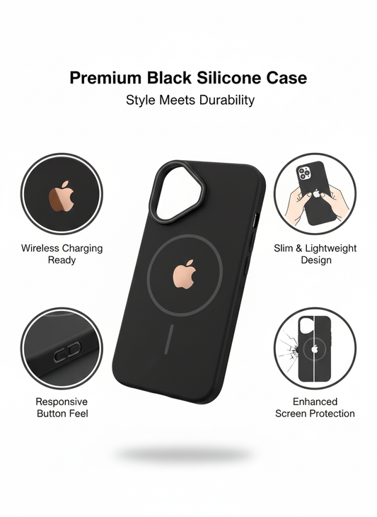 Premium Black Silicone Magnetic Phone Case – Slim Lightweight Wireless Charging Compatible Cover with Enhanced Screen Protection