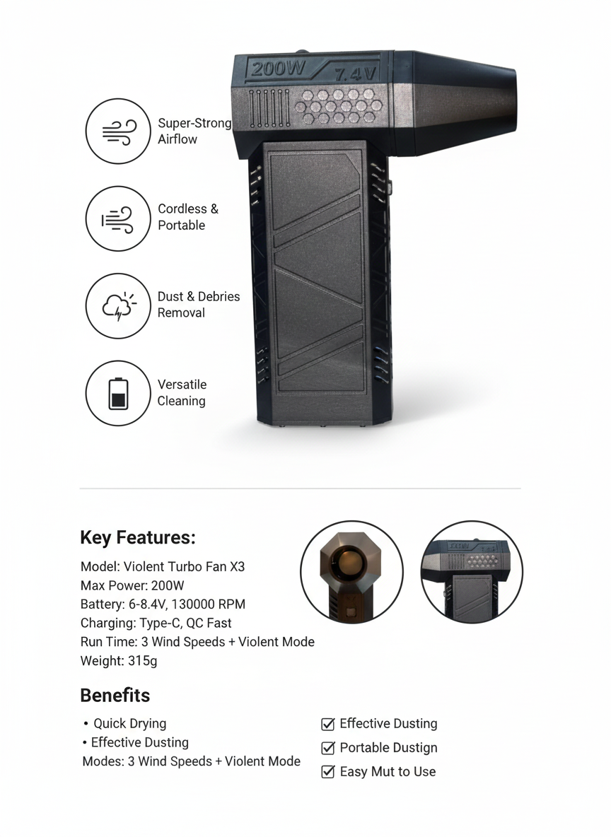 Violent Turbo Fan X3 – 200W High-Power Cordless Air Blower for Dust Cleaning, Quick Drying, Super-Strong Airflow, Portable Rechargeable Turbo Fan with 3 Speeds & Violent Mode