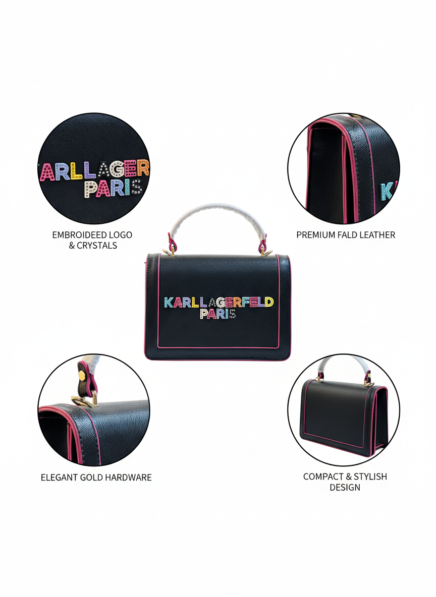 Structured Black KARL LAGERFELD PARIS Top Handle Bag | Vegan Leather | Elegant Gold Hardware