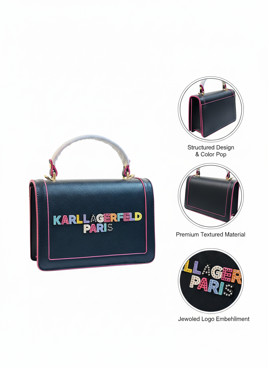 Structured Black KARL LAGERFELD PARIS Top Handle Bag | Vegan Leather | Elegant Gold Hardware