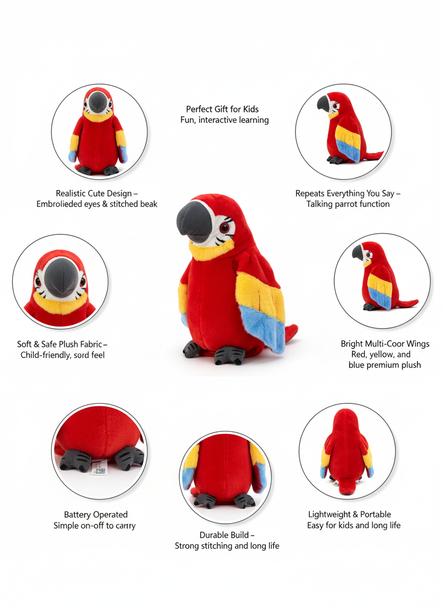 Talking Parrot Educational Plush – Colorful, Safe & Battery Operated