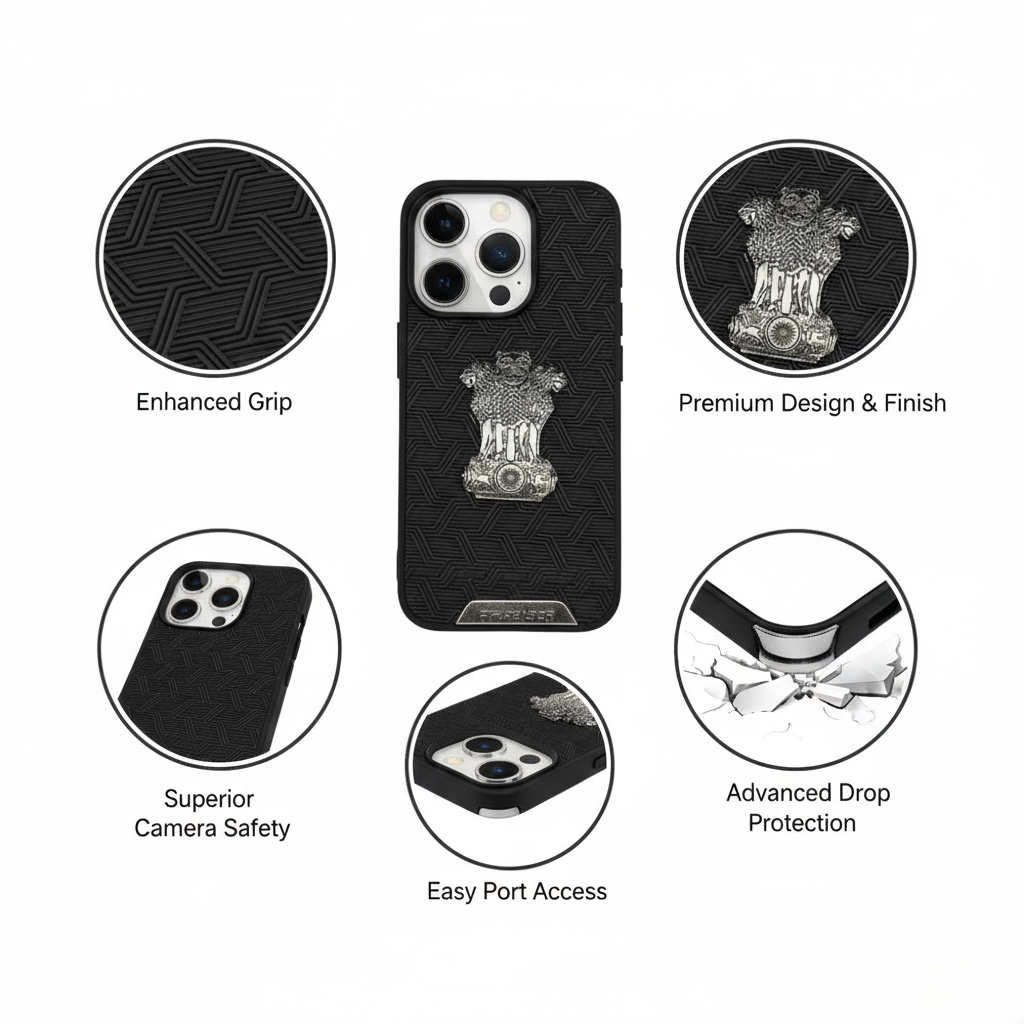 Ashoka Lion Emblem Premium Black Protective iPhone 15 Pro Case with Metallic Finish and Enhanced Grip